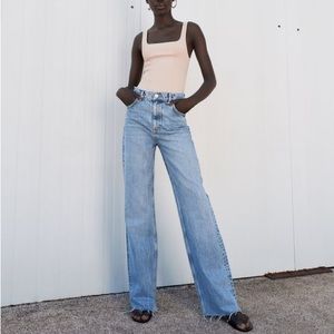 Zara, HI RISE WIDE LEG FULL LENGTH JEANS, blue, size 27 size 4
